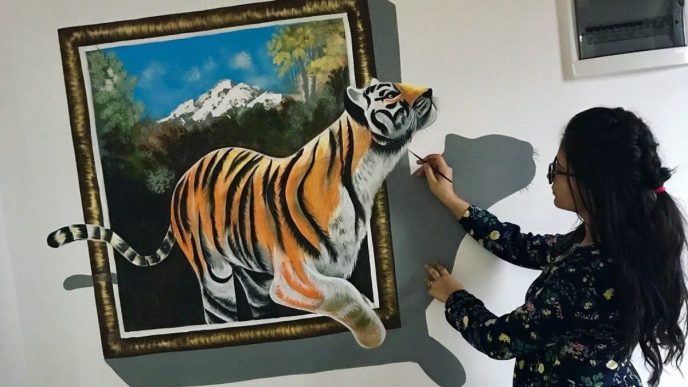 Adelina Trandafir, interviu, pictură pe pereți, lucrări, amenajare casă, Malu Vânăt, Prahova, contraste, Adel Art, pictură 3D, comuna Izvoarele, decor casă