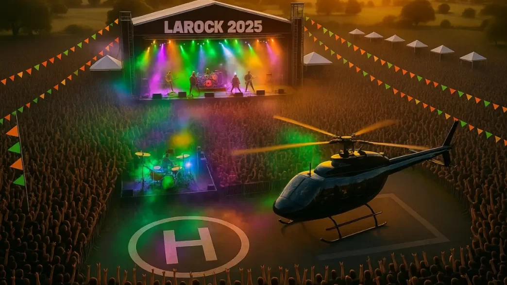 LAROCK, festival rock, elicopter, Domeniul Cantacuzino, experiență unică, preț zbor, trupe confirmate, distracție, muzică live, Larock 2025, AI image