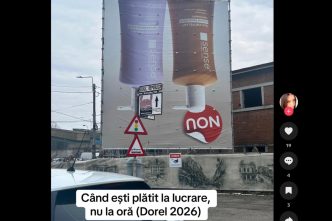 banner publicitar, Ploiești, cu fundul în sus, banner Sense, reclamă invers, tiktok